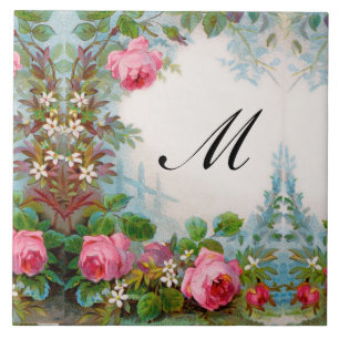 CARREAU ROSES ET JASMINES MONOGRAMME FLORAL