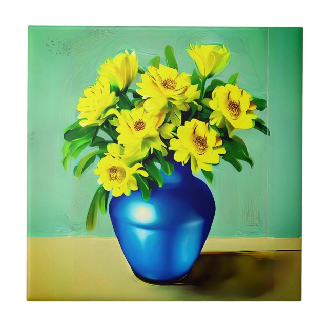 Carreau Roses jaunes dans un Vase bleu Boho Art (Devant)
