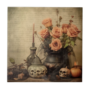 Carreau Roses Macabres Vintage Crânes Sépia