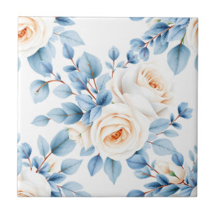 Carreau Roses Péches Poussiéreux Motif Eucalyptus Bleu