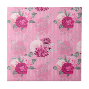 Carreau Roses roses et paillettes argentées Steampunk vint