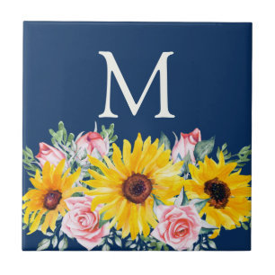 Carreau Roses roses jaunes bleu marine Monogrammé