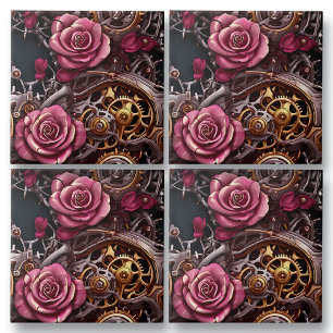 Carreau Roses roses roses et engrenages métalliques Steamp