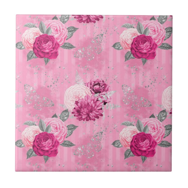 Carreau Roses roses roses et Parties scintillant d'argent  (Devant)