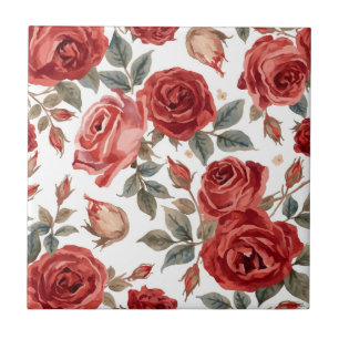 Carreau Roses Rouges Aquarelle Florale Botanique Peinte