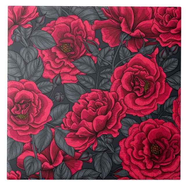 Carreau Roses rouges avec feuilles gris sur noir (Devant)