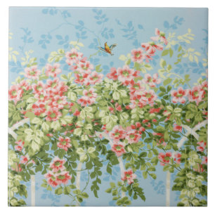 Carreau Roses SAUVAGES, FEUILLES VERTS, OISEAU VOLANT DANS