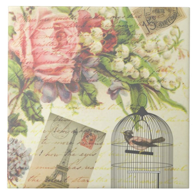Carreau Roses vintages et oiseaux en cage (Devant)