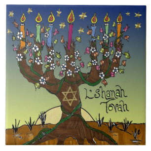 Carreau Rosh Hashanah L'Shanah Tovah Arbre de Vie Menorah