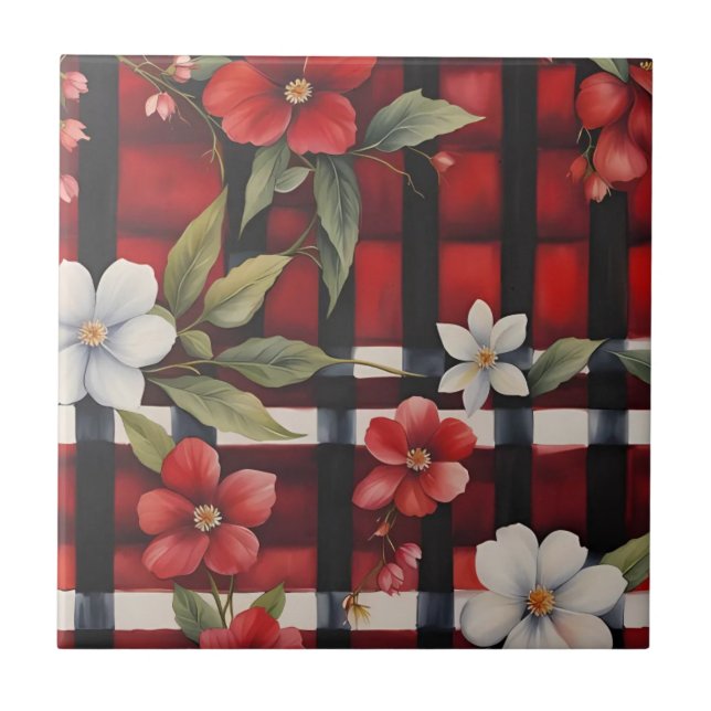Carreau Rouge blanc et noir Farmhouse Floral Check (Devant)