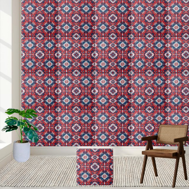 Carreau Rouge Bleu Blanc Scandinave Carrelage Floral Motif (Red Blue White Scandinavian Floral Tile Pattern)