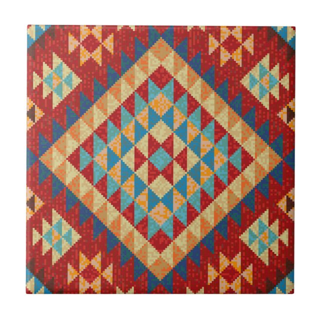Carreau Rouge bleu Turquoise orange jaune Oriental Kilim M (Devant)