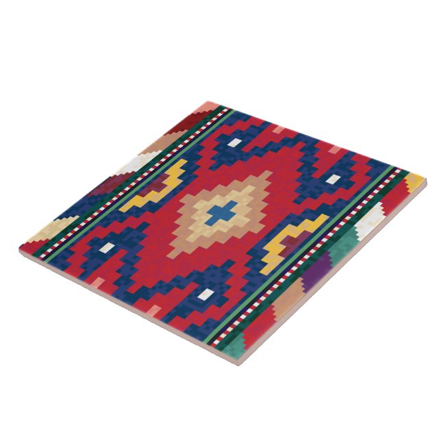 Carreau Rouge Bleu Vert Jaune Blanc Oriental Kilim Rug (Côté)