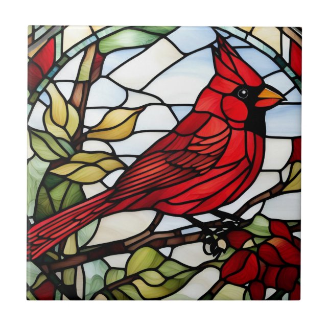 Carreau Rouge Cardinal Vitrail Oiseau boisé (Devant)