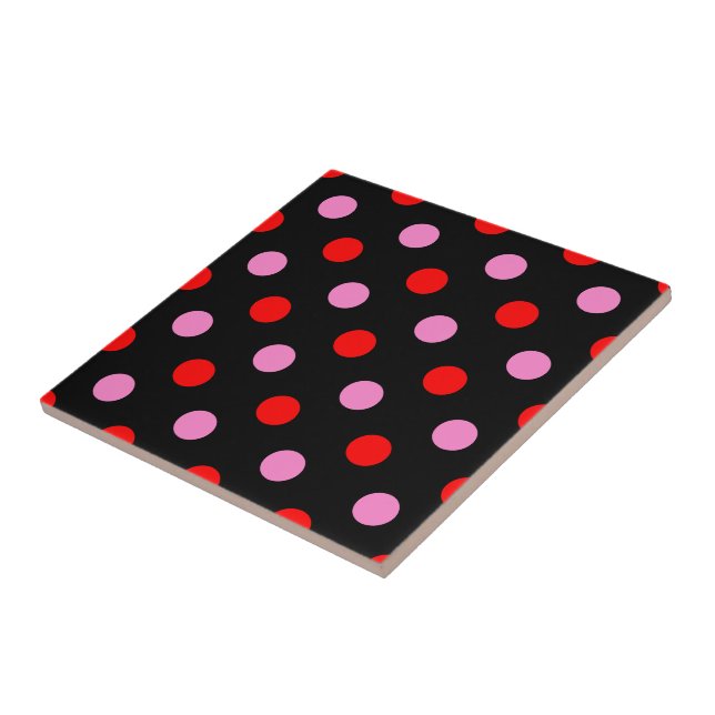 Carreau Rouge et rose sur fond noir à pois design  (Côté)