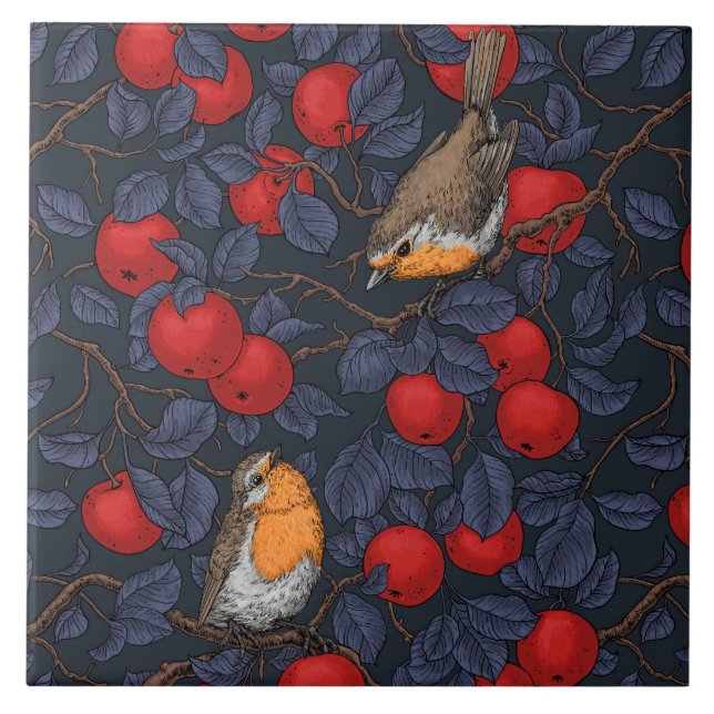 Carreau Rouge-gorges dans le pommier/bleu et rouge  (Devant)