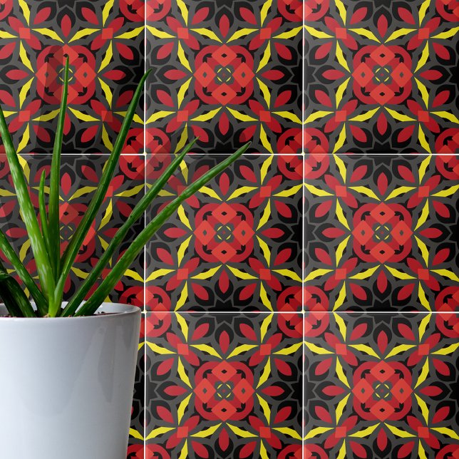 Carreau Rouge Jaune Noir Ethnique Arabesque Mosaïque Boho  (Créateur téléchargé)