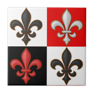 Carreau Rouge Noir Blanc À damiers Fleur de lis Design