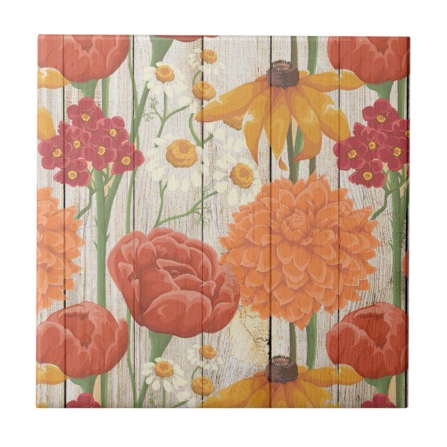 Carreau Rouge Orange Jaune Floral Blanc Faisceaux Bois rus (Devant)