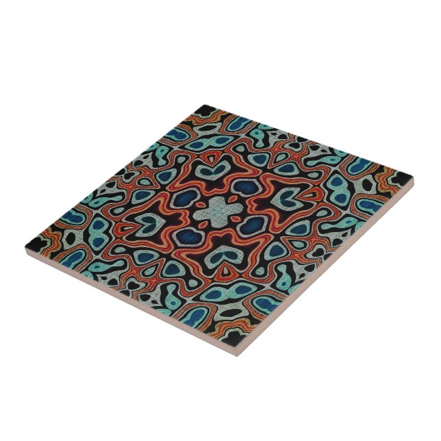 Carreau Rouge Orange noir Turquoise Bleu Ethnic Tribe Art (Côté)