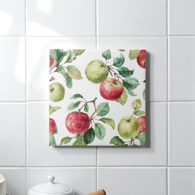 Carreau Rouge vert pomme Motif Aquarelle Russe (Red Green Apple Fruit Pattern Watercolor Rustic Ceramic Tile)