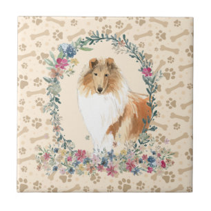 Carreau Rough Collie Chien Empreinte de patte Floral Cute