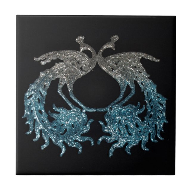 Carreau Ruban de parties scintillantes et paon bleu (Devant)