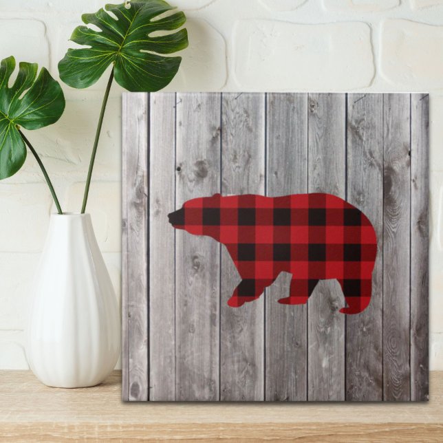 Carreau ruodland barn wood red buffalo plaid bear (rustic woodland barn wood red buffalo plaid bear ceramic tile)