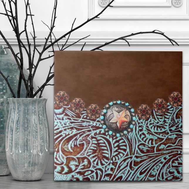 Carreau Russe Brown Turquoise Cowboy Pays de l'Ouest (Rustic Brown Turquoise Cowboy Western Country Ceramic Tile)