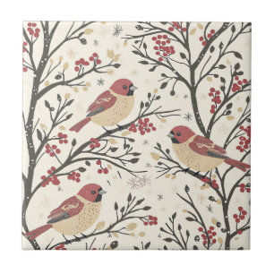 Carreau Rustic Bird et Poinsettia Motif de Noël (1)