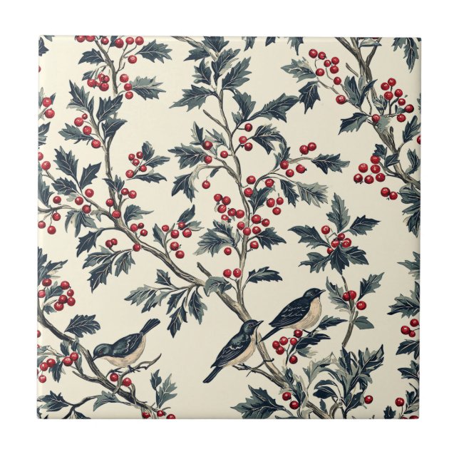 Carreau Rustic Bird et Poinsettia Motif de Noël (18) (Devant)