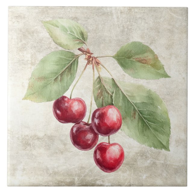 Carreau Rustic Cherries Watercolor Fruit (Devant)