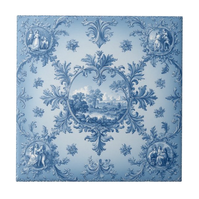 Carreau Rustic Country Floral Motif Dusty Blue Muted Tones (Devant)