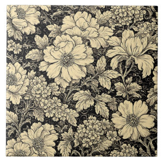 Carreau Rustic Country Floral Motifs Monochrome Distressed