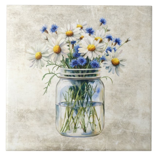 Carreau Rustic Flowers Daisies in Vintage Jar  (Devant)