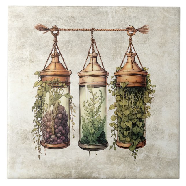 Carreau Rustic Hanging Herbs Grapes Watercolors (Devant)