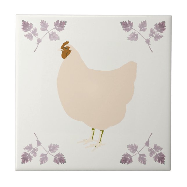 Carreau Rustic Hen Chicken and Chervil Herbs Ceramic Tile (Devant)