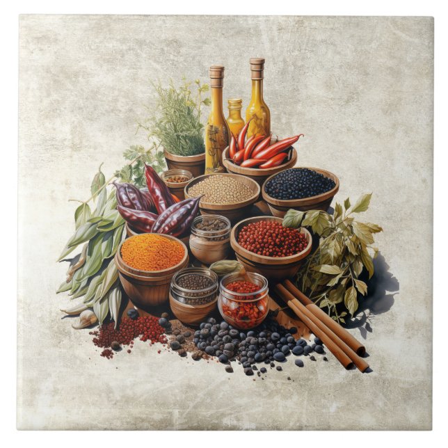 Carreau Rustic Herbs Spices in Watercolors (Devant)