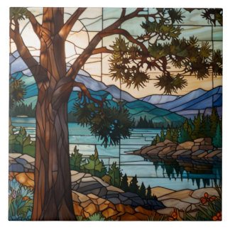 Carreau Rustic mountain range landscape stain glass 