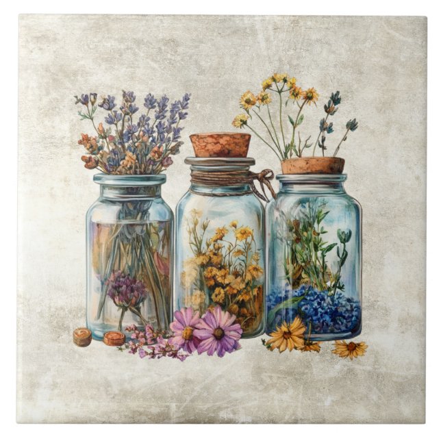 Carreau Rustic Watercolor Flowers in Jars  (Devant)