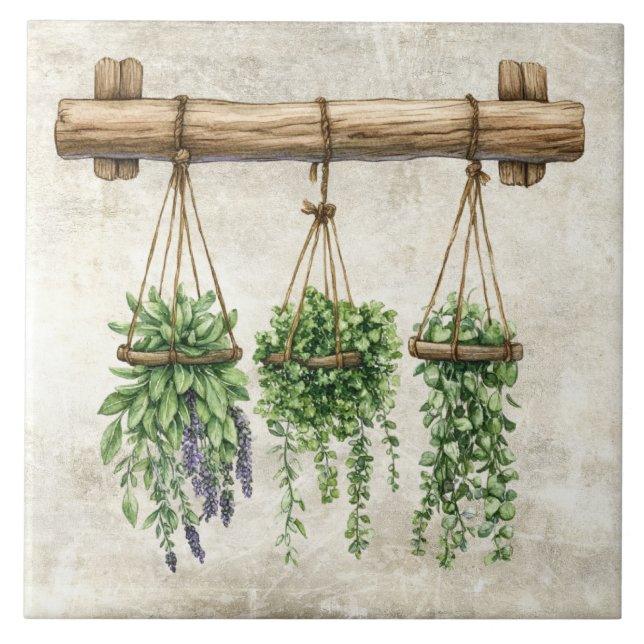 Carreau Rustic Watercolor Hanging Herbs with Twine Design (Devant)