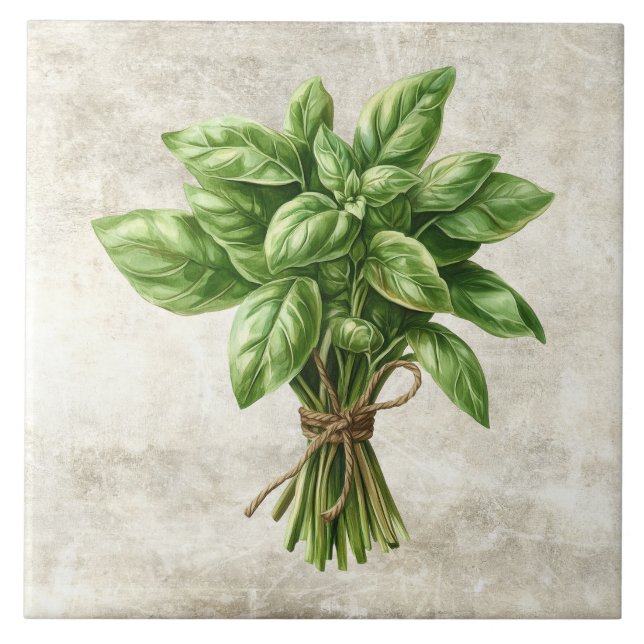 Carreau Rustic Watercolor Herbs Basil with Twine Design (Devant)