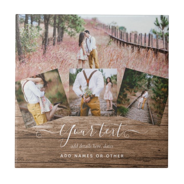 Carreau Rustique PHOTO COLLAGE Cadeau Texte personnalisé U (Devant)