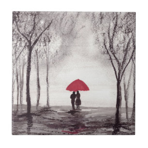 Carreau Rustique Rouge parapluie amour couple céramique ca