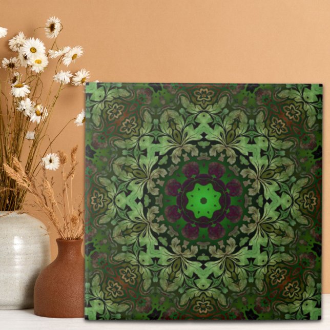 Carreau Rustique Steampunk Bohème forêt vert mandala (Rustic Steampunk Bohemian forest green mandala Tile)