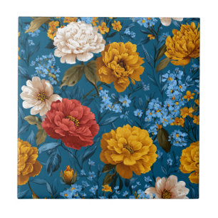 Carreau Rustique Vintage coloré motif floral en bleu