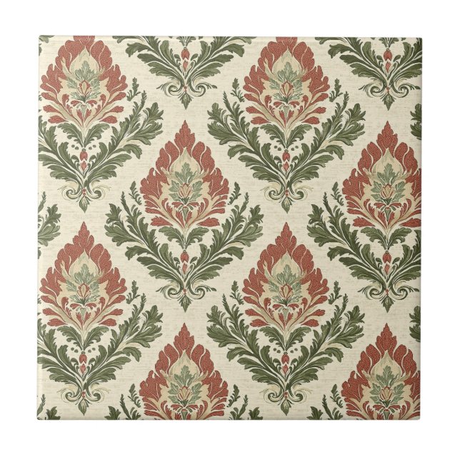 Carreau Rustique Vintage Damassé Rouge Vert Beige (Devant)