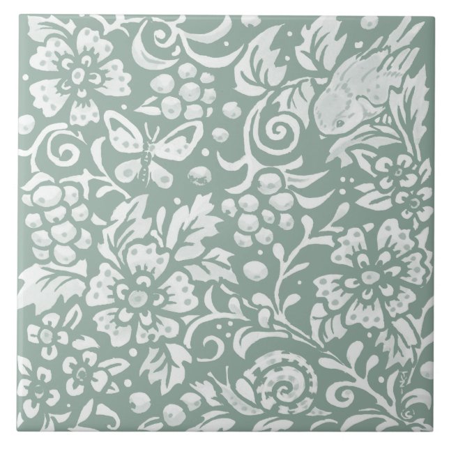 Carreau Sage Green Bird Butterfly Snail Floral (Devant)
