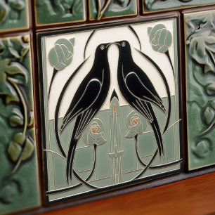 Carreau Sage Green Mackintosh Black Birds Décor Art Décor