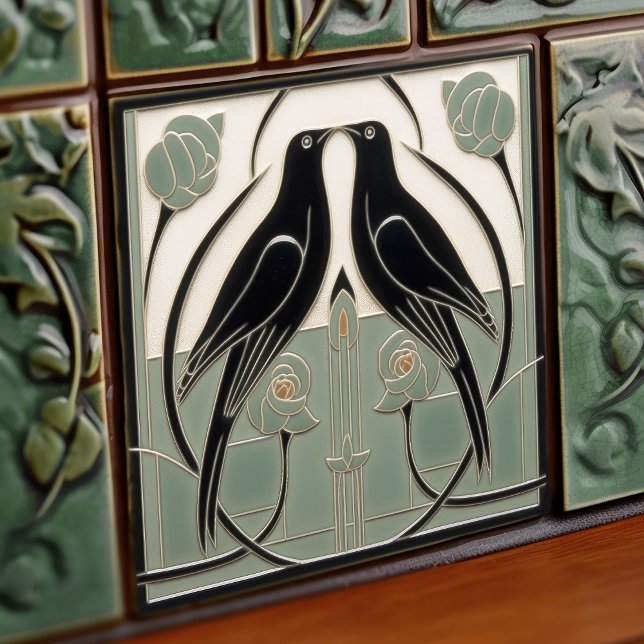 Carreau Sage Green Mackintosh Black Birds Décor Art Décor (Créateur téléchargé)